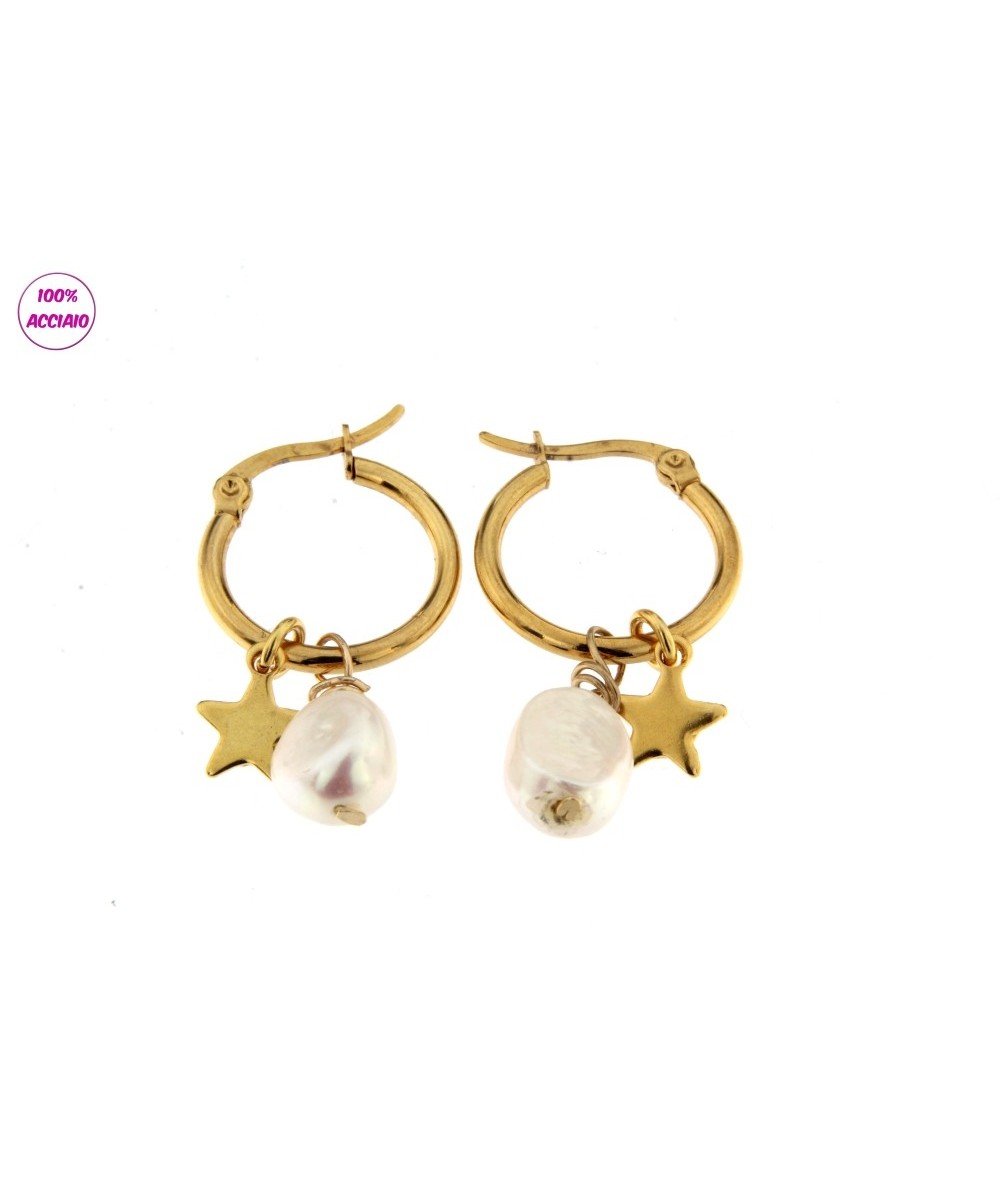 orecchini cerchi acciaio oro con stella e fiume di perla