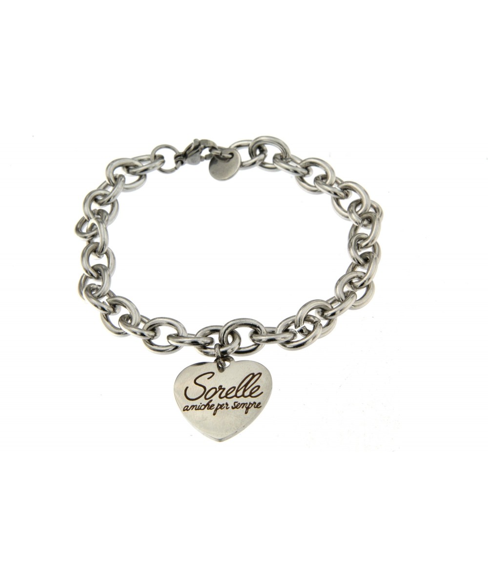 bracciale acciaio con pendente tondo scritta sorelle amiche per sempre