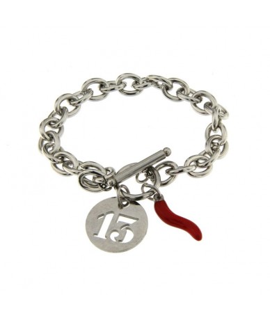 bracciale acciaio con charm numero 13 e cornetto rosso