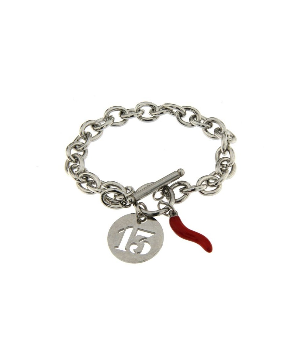 bracciale acciaio con charm numero 13 e cornetto rosso