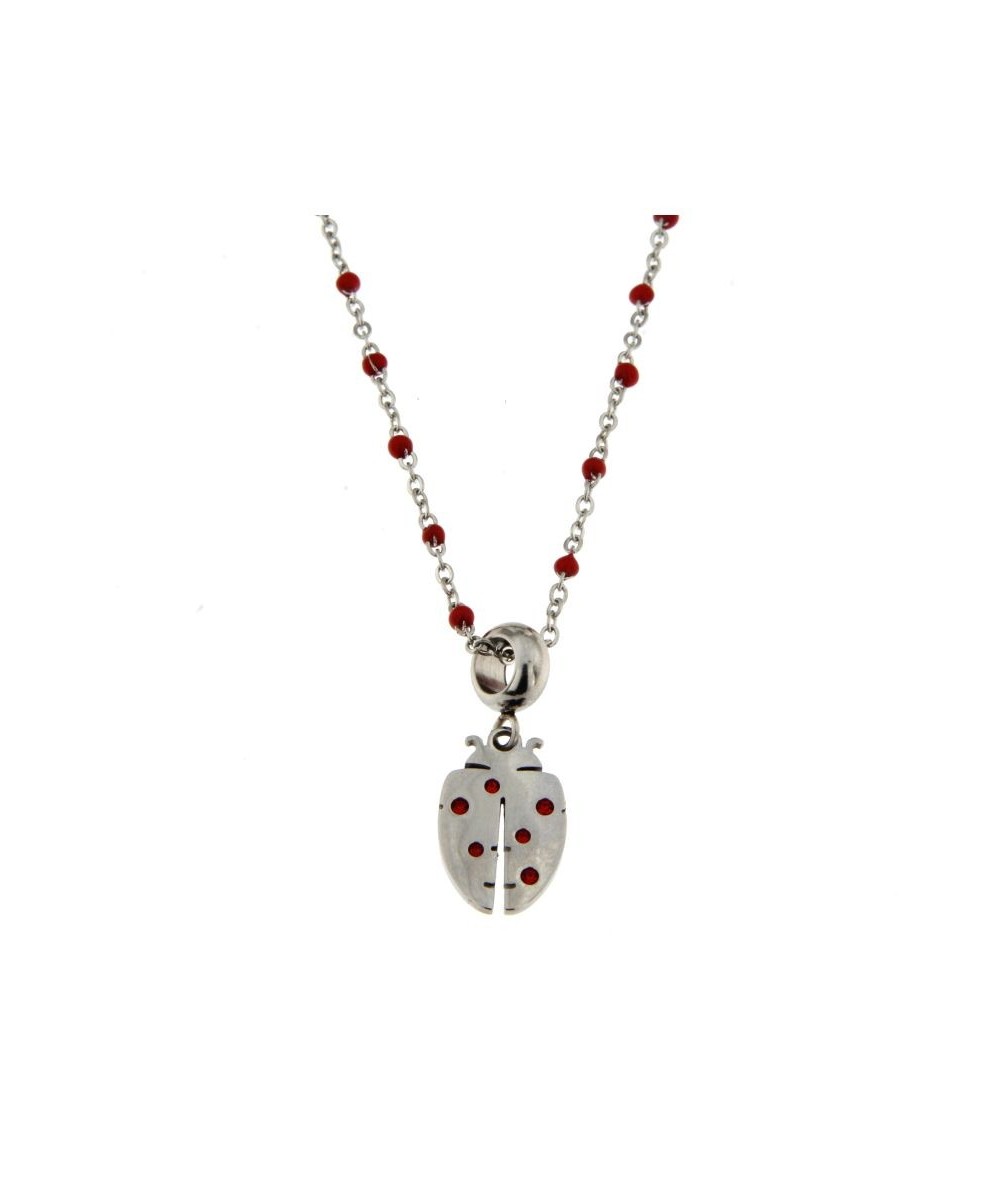 collana in acciaio smaltata rossa con charm coccinella portafortuna