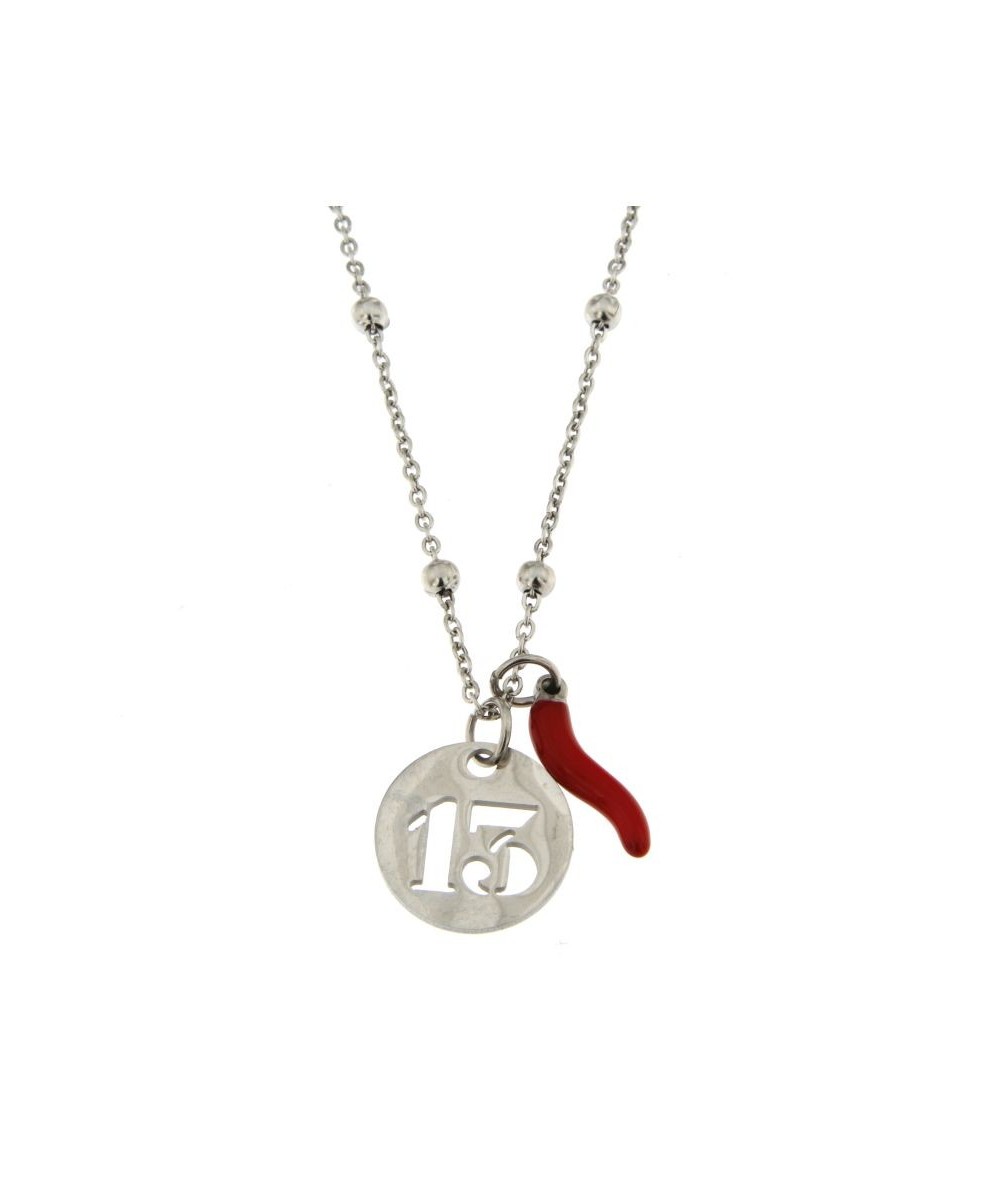 collana acciaio con charm numero 13 e cornetto rosso