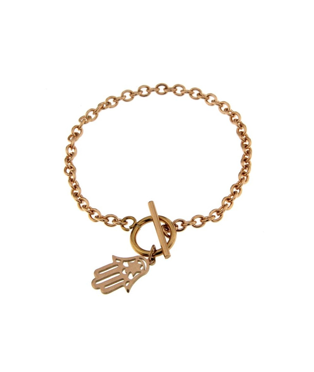 bracciale in acciaio finitura oro rosa con pendente mano di fatima