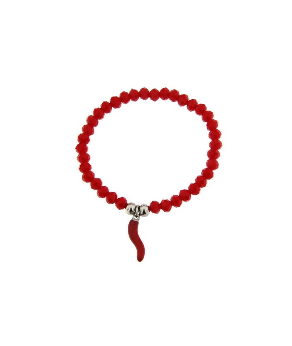 bracciale elastico con sfere in vetro colore rosso e charm cornetto in acciaio inox cromato