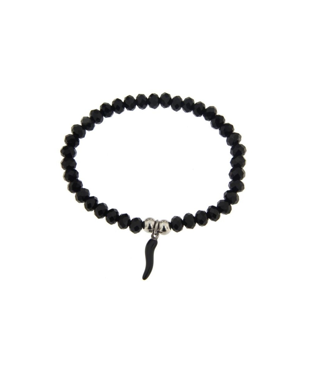 bracciale elastico con sfere in vetro colore nero e charm cornetto in acciaio inox cromato