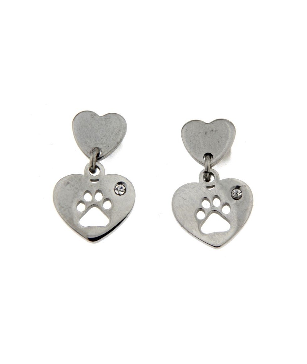 orecchini in acciaio inox con pendente cuore orma zampa traforata e strass cristal