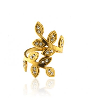 Anello con foglie e strass...